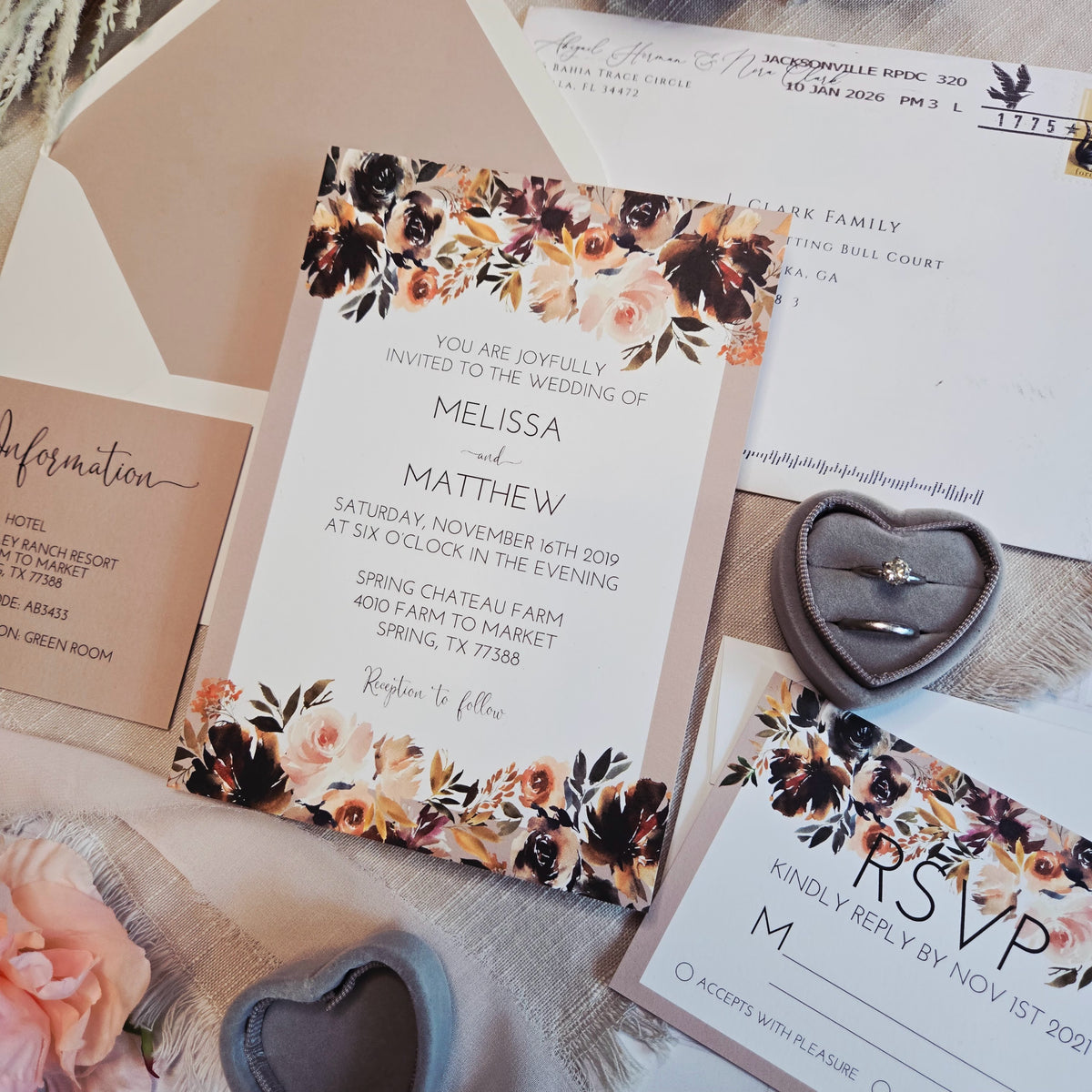Fall Boho Floral Wedding Invitation Suite