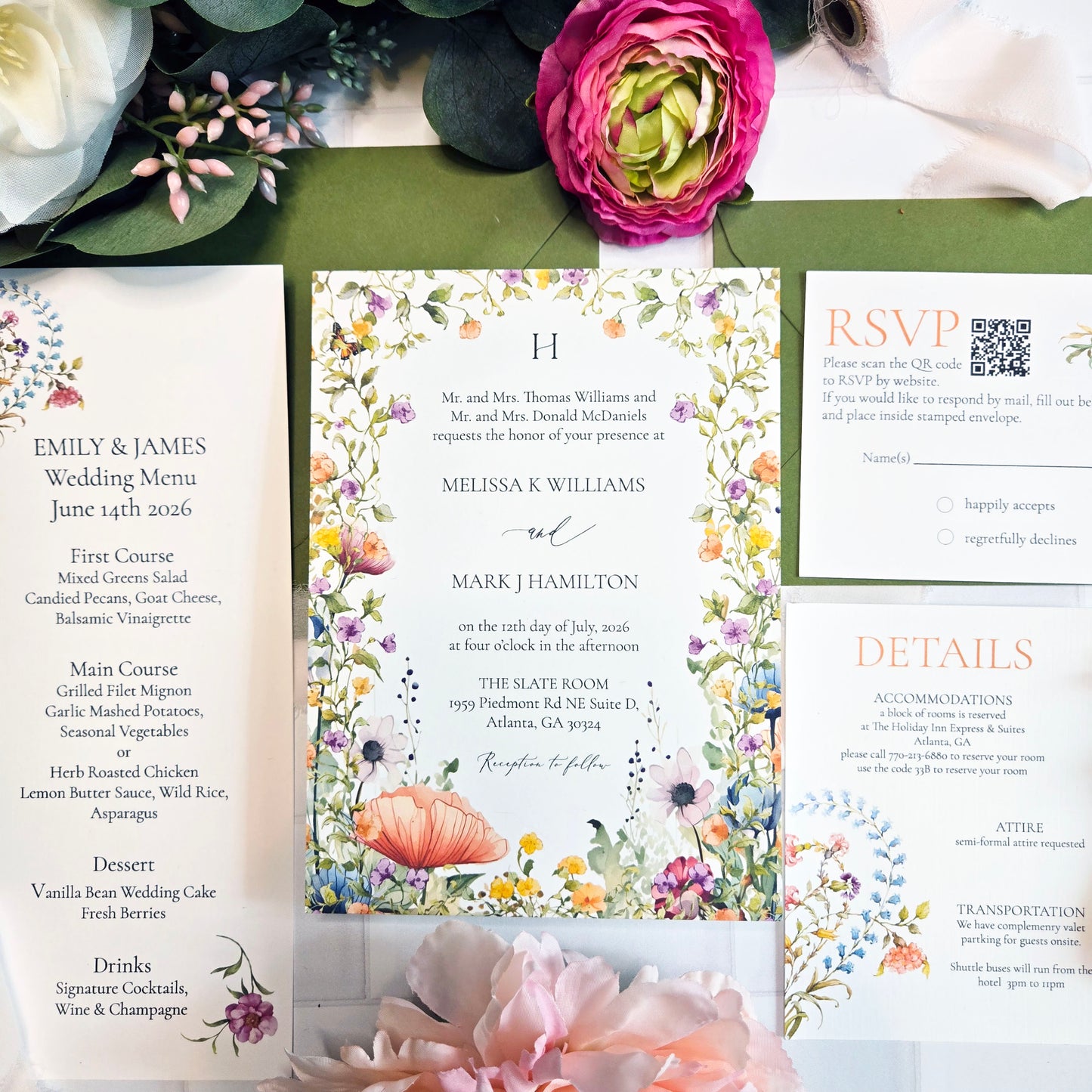 Wildflower Garden Wedding Invitation Suite with QR code