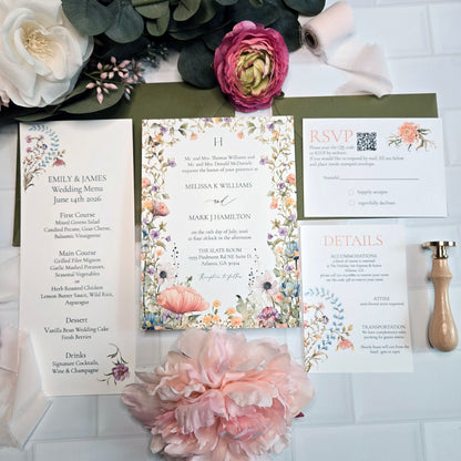 Wildflower Garden Wedding Invitation Suite with QR code