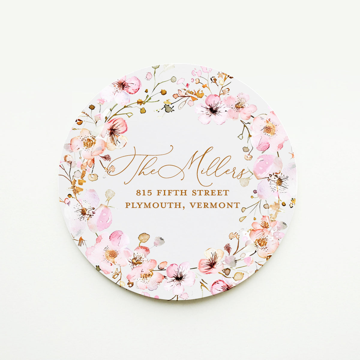 Pink floral round address sticker with gold font