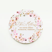 Pink floral round address sticker with gold font