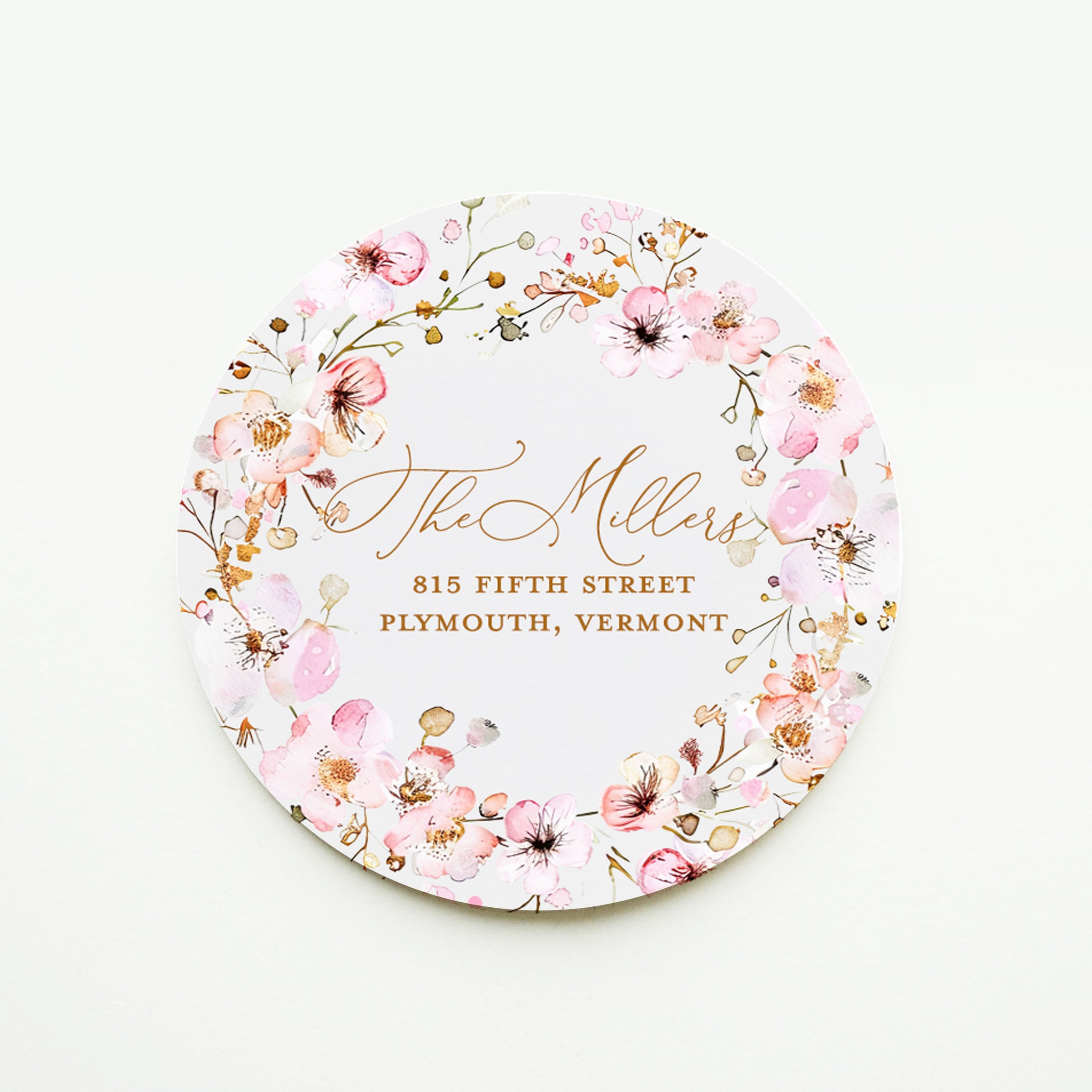 Pink floral round address sticker with gold font