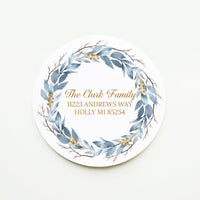 Blue and Gold Wreath Holiday Return Address Sticker or Label