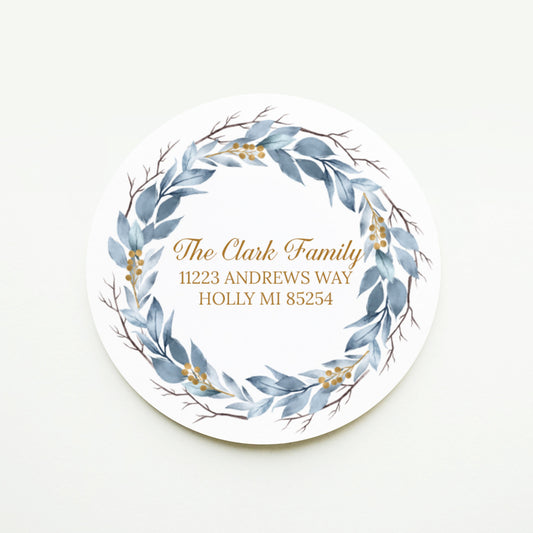 Blue and Gold Wreath Holiday Return Address Sticker or Label