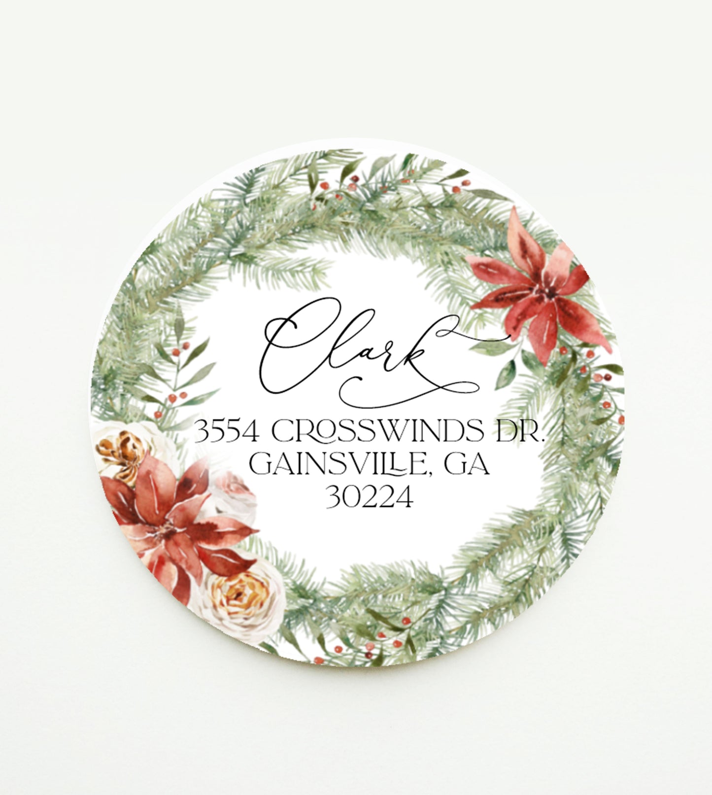 Red Poinsettia Wreath Christmas Return Address Sticker or Label