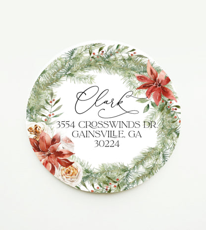 Red Poinsettia Wreath Christmas Return Address Sticker or Label