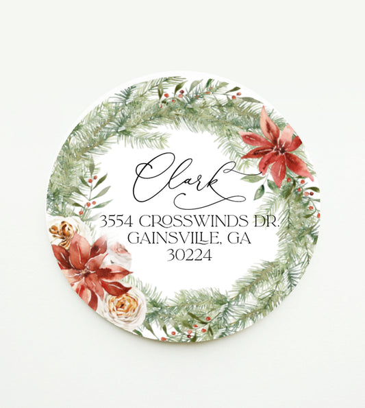 Red Poinsettia Wreath Christmas Return Address Sticker or Label