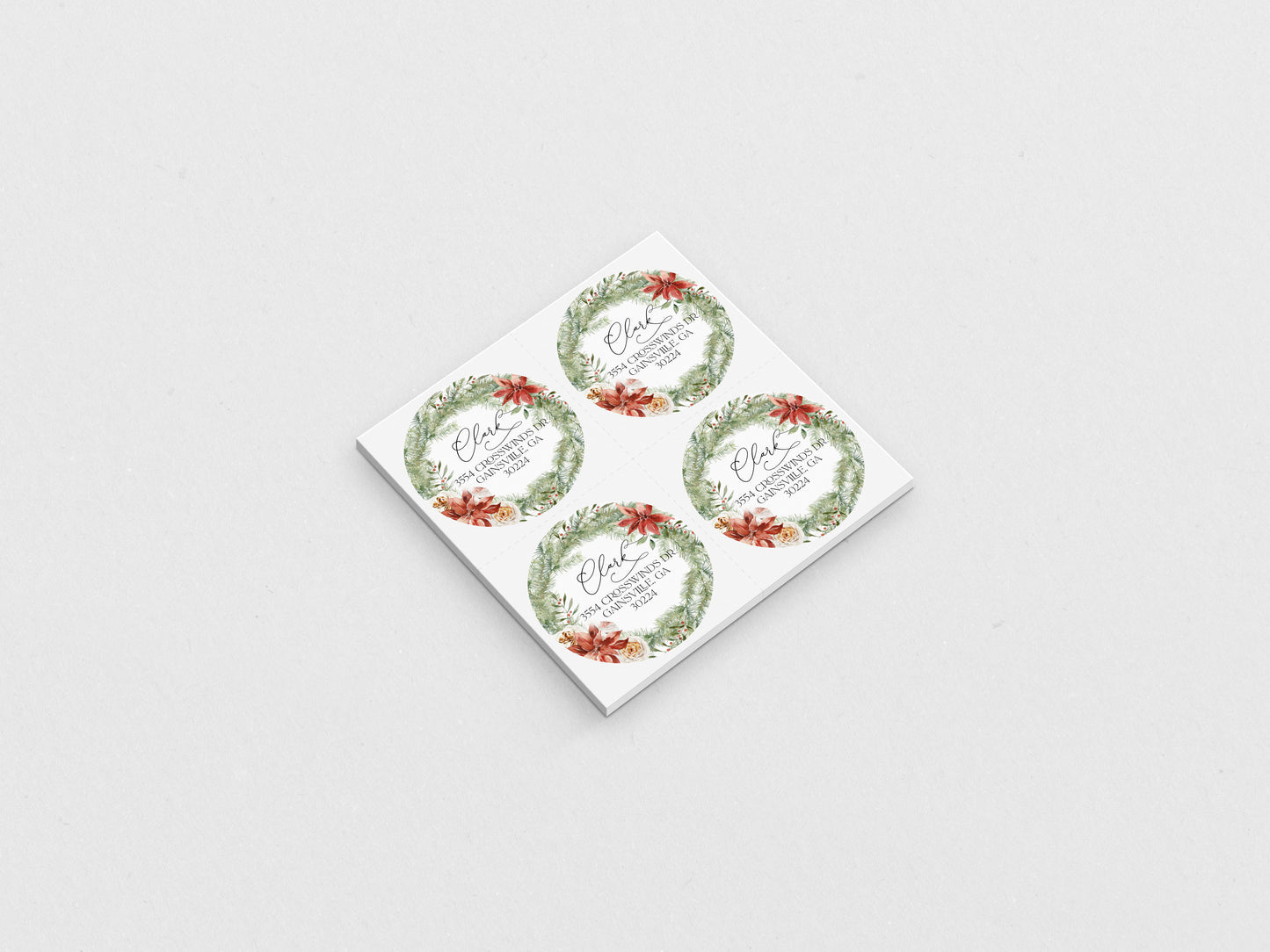 Red Poinsettia Wreath Christmas Return Address Sticker or Label