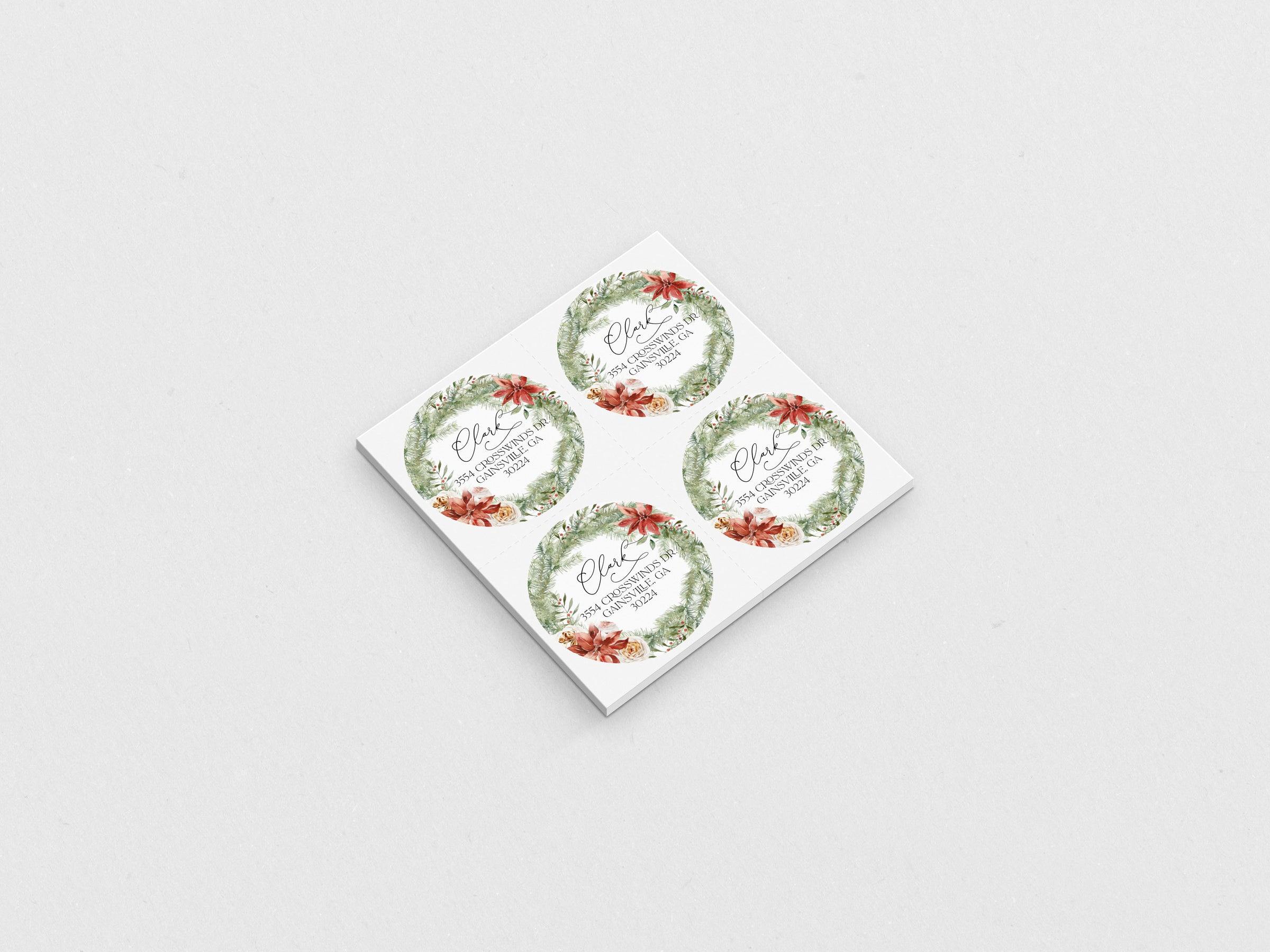 Red Poinsettia Wreath Christmas Return Address Sticker or Label