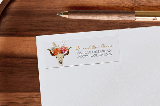 Western Bull with Flowers Return Address Sticker