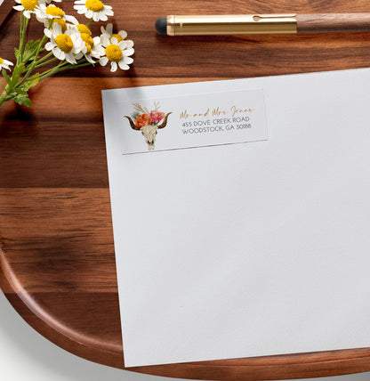 Western Bull with Flowers Return Address Sticker