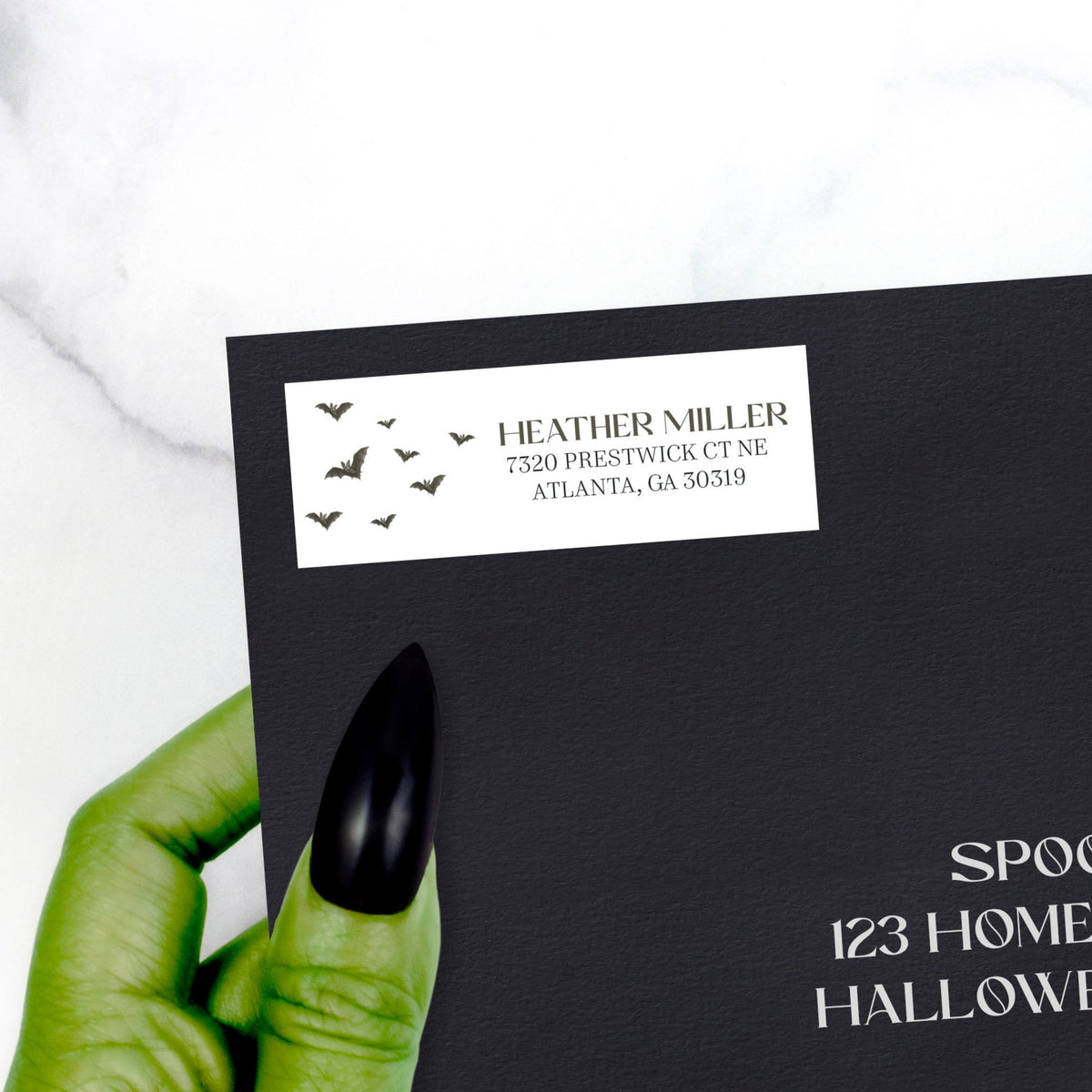halloween bats return address sticker on black envelope
