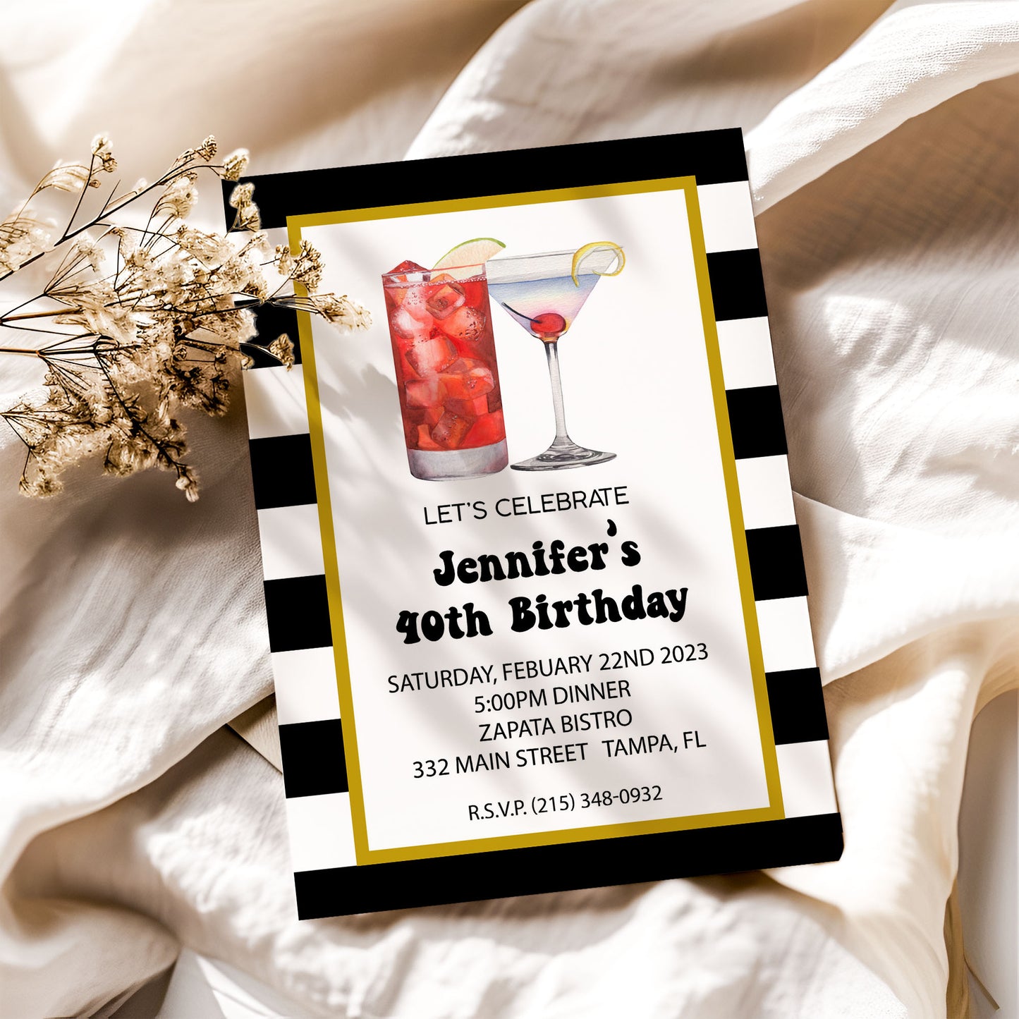 Modern Adult Cocktail Customized Birthday Invitation