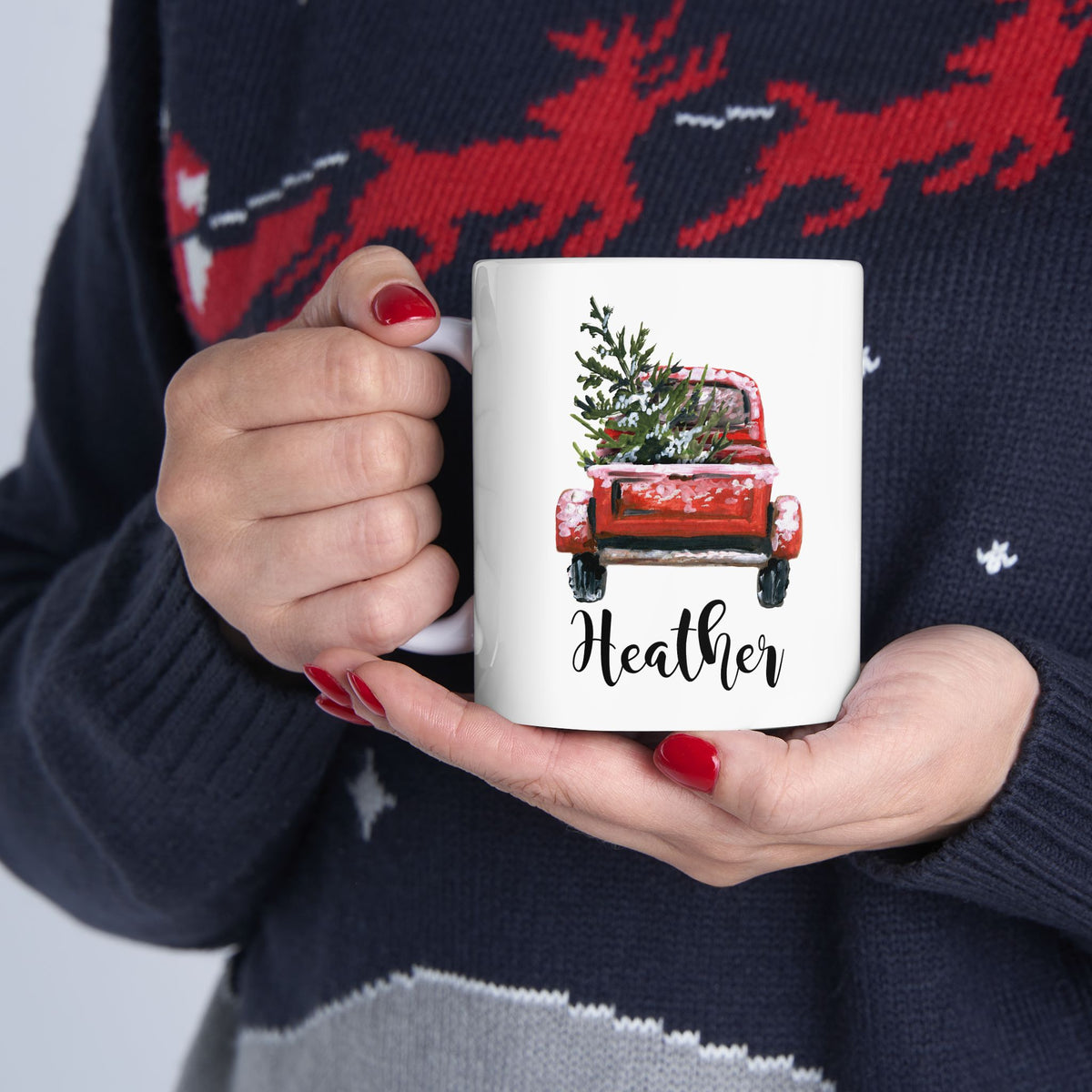 Personalized Red Truck Christmas Mug Vintage Farmhouse Holiday Coffee Cup