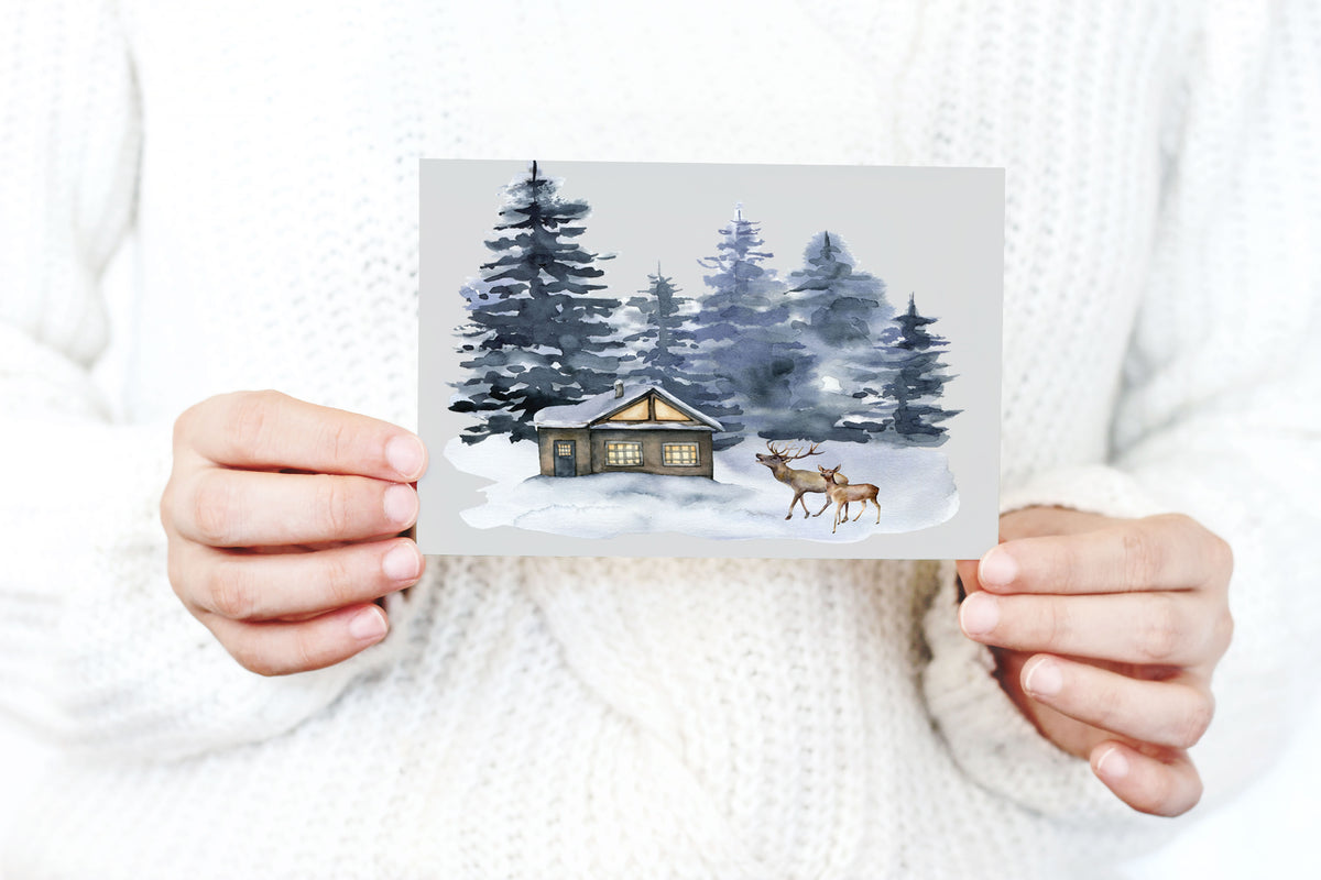 Winter Woodland Cabin Christmas Holiday Greeting Card