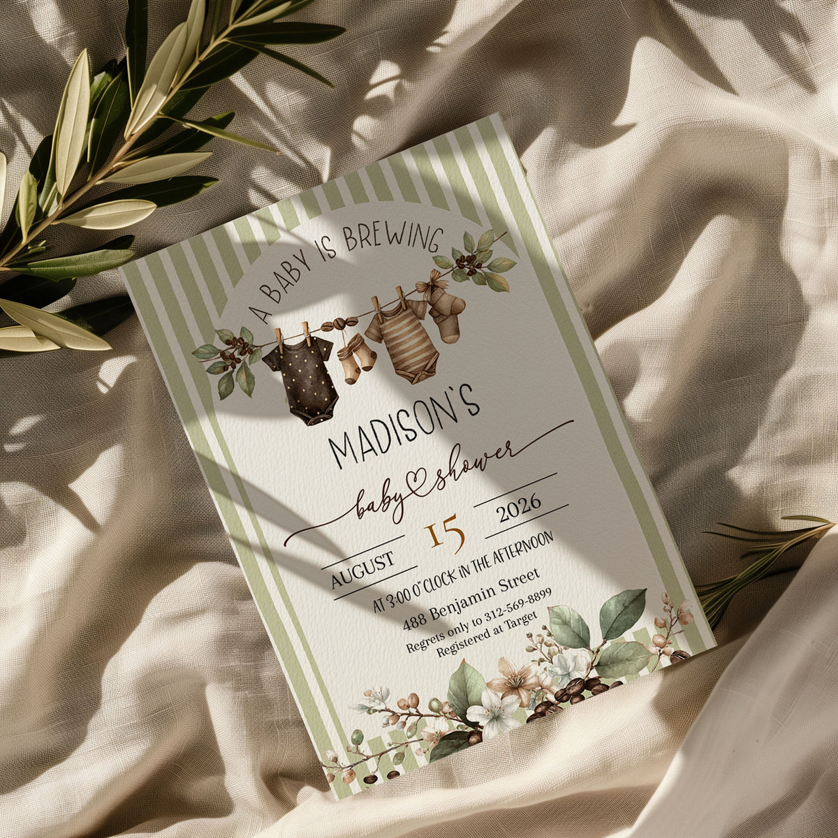 Baby is Brewing Hanging Cloths Line Shower Invitation