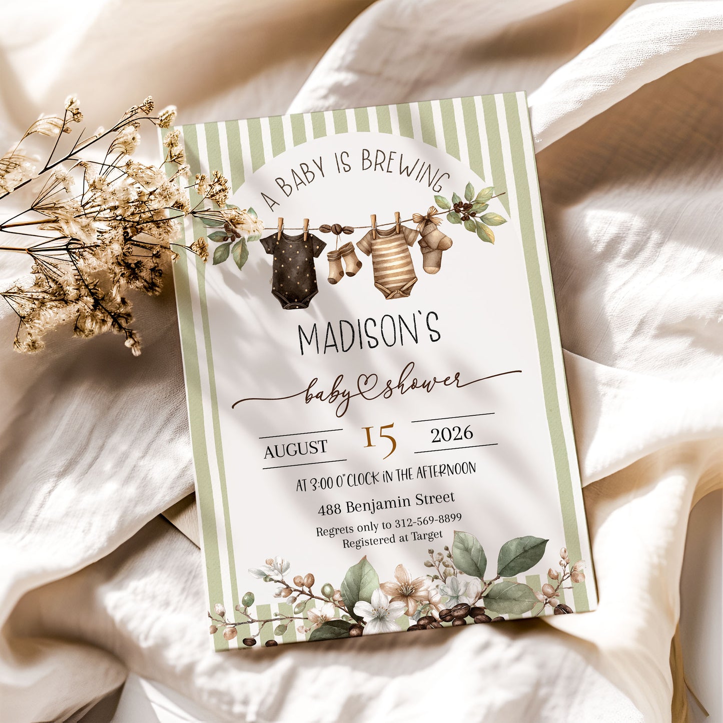 Baby is Brewing Hanging Cloths Line Shower Invitation