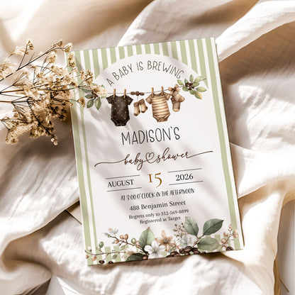 Baby is Brewing Hanging Cloths Line Shower Invitation