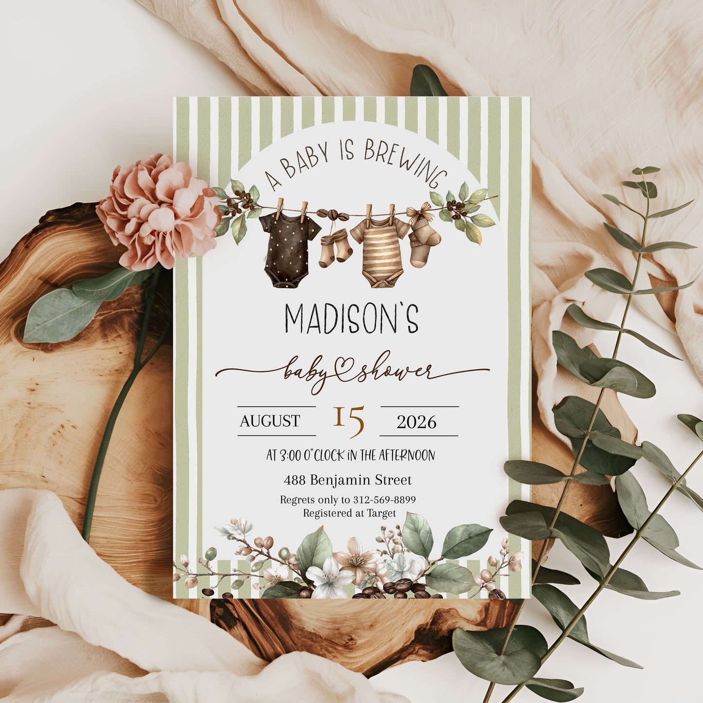Baby is Brewing Hanging Cloths Line Shower Invitation
