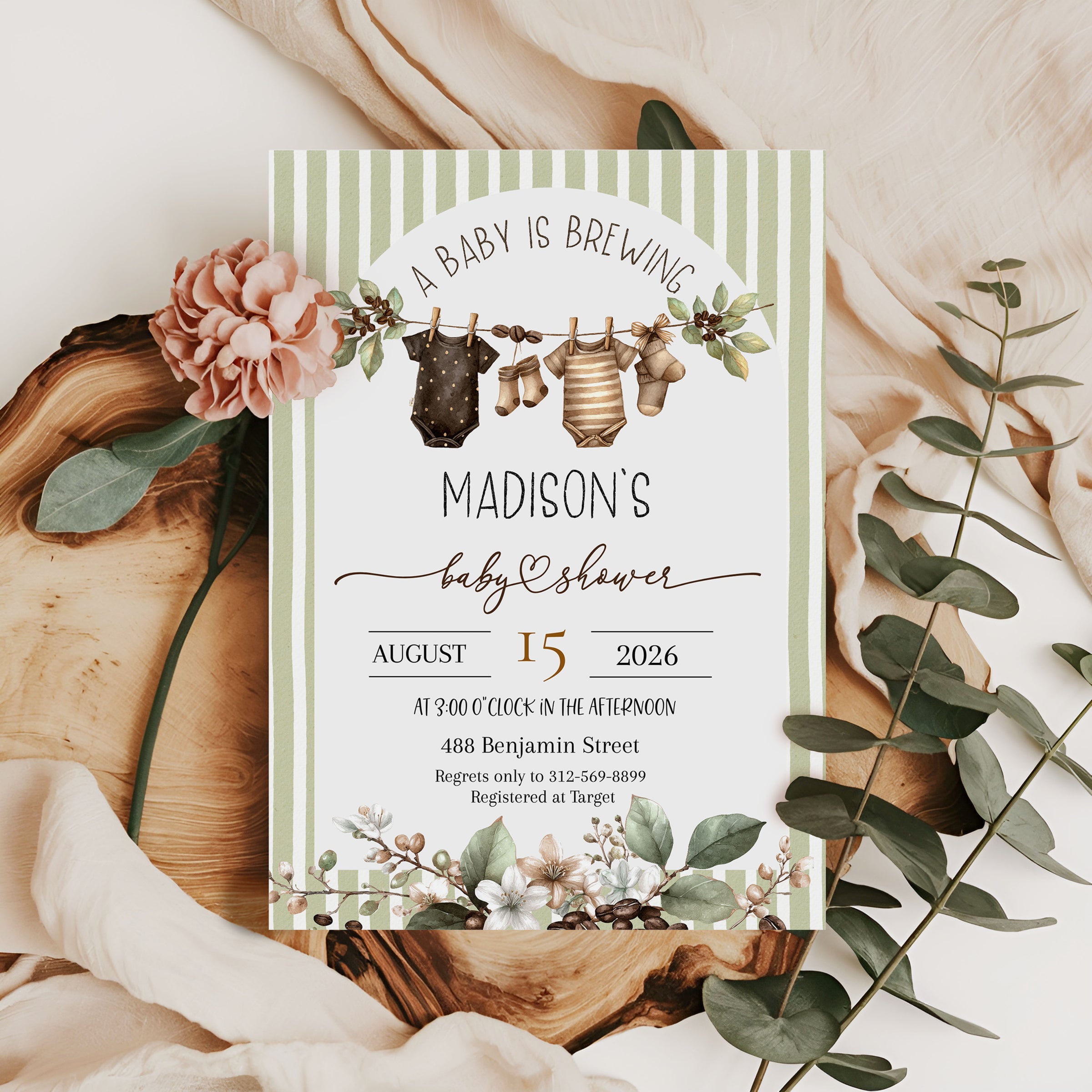 Baby is Brewing Hanging Cloths Line Shower Invitation