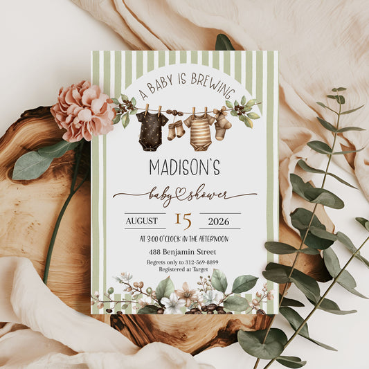 Baby is Brewing Hanging Cloths Line Shower Invitation