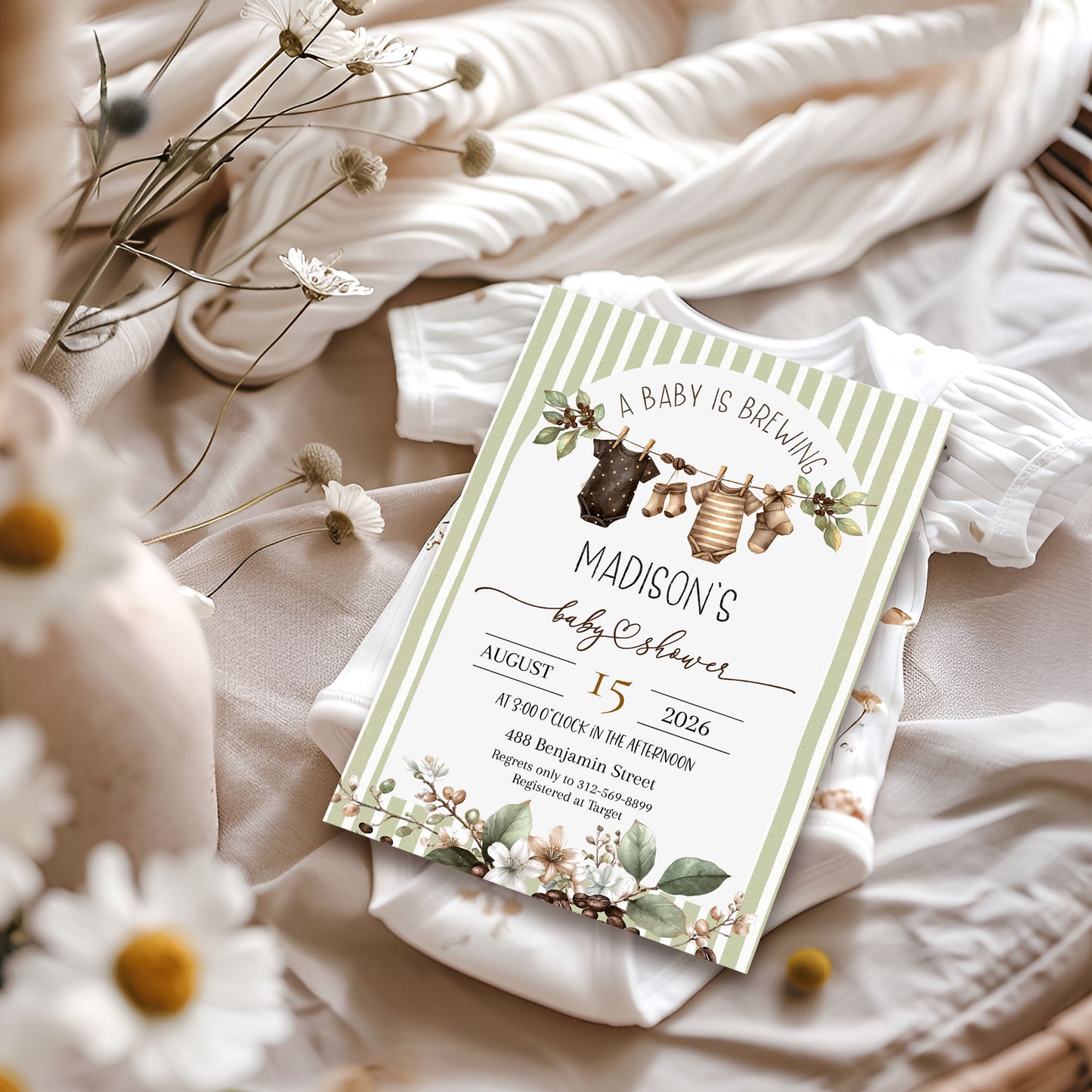 Baby is Brewing Hanging Cloths Line Shower Invitation