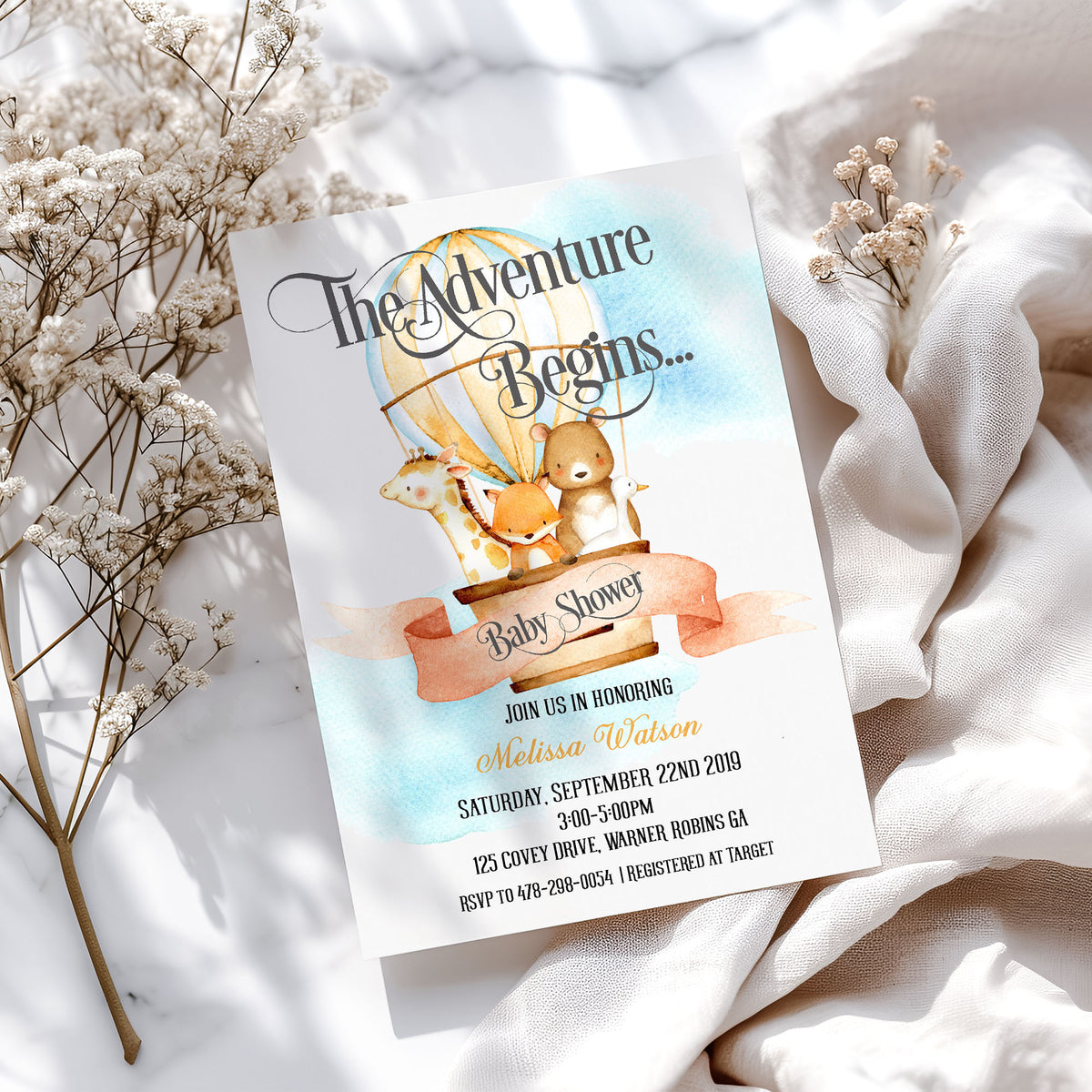 Animal Hot Air Balloon - The Adventure Begins Baby Shower Invitation