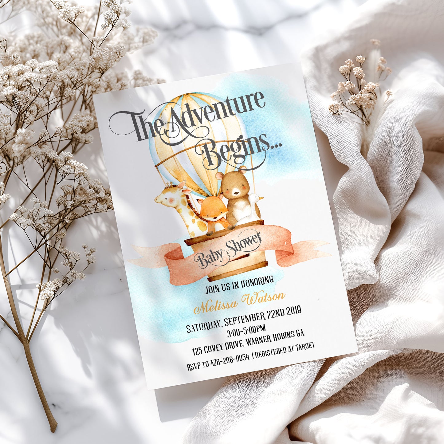 Animal Hot Air Balloon - The Adventure Begins Baby Shower Invitation