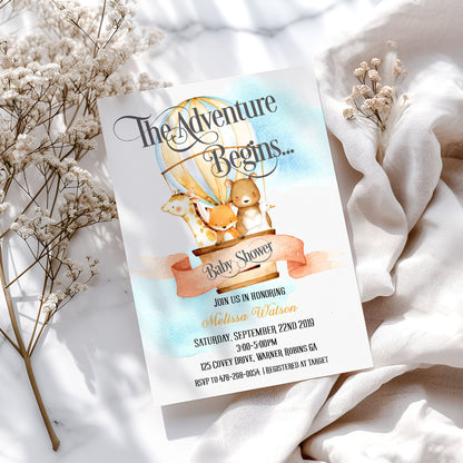 Animal Hot Air Balloon - The Adventure Begins Baby Shower Invitation