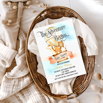 Animal Hot Air Balloon - The Adventure Begins Baby Shower Invitation