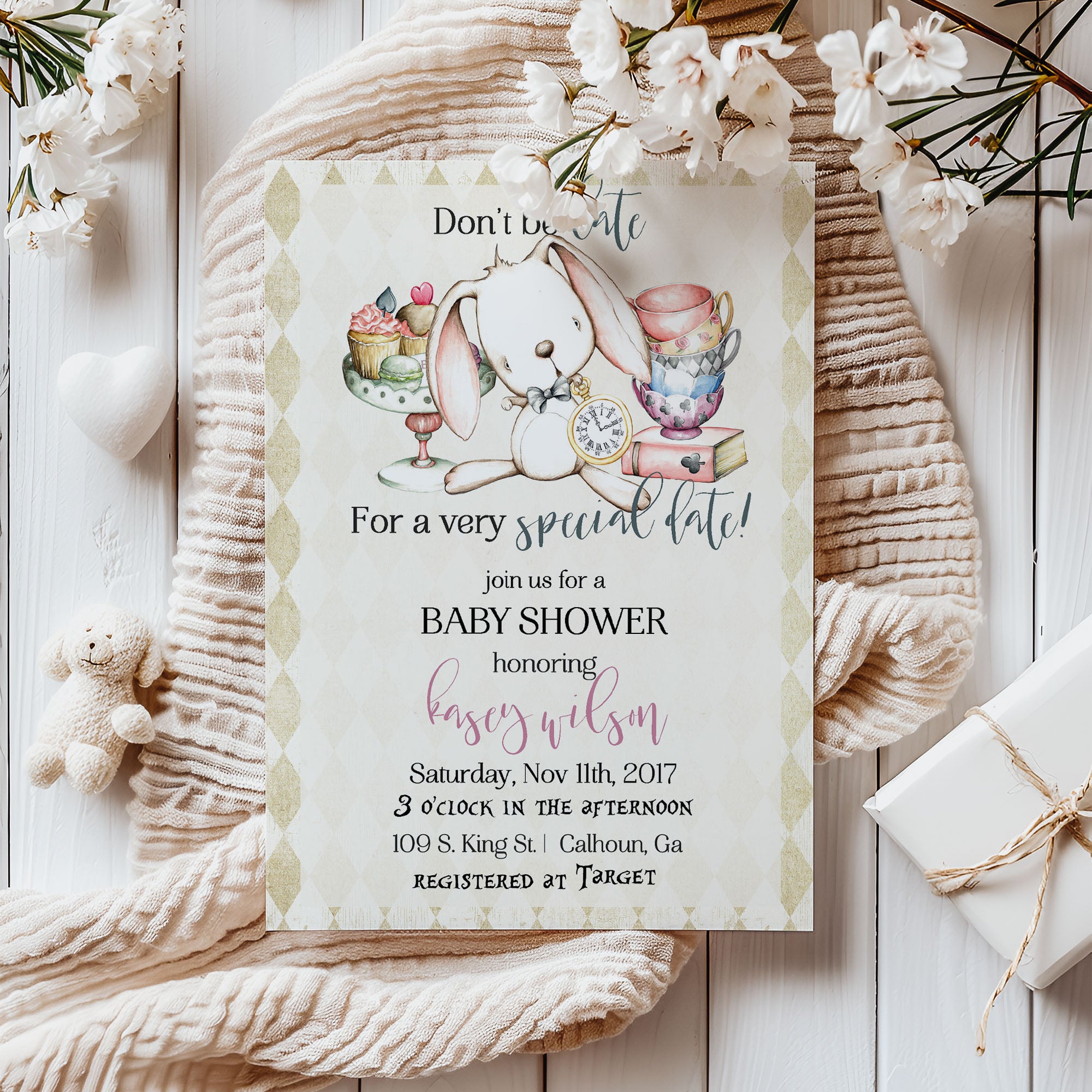 Alice in Wonderland Rabbit Tea Party Baby Shower Invitation