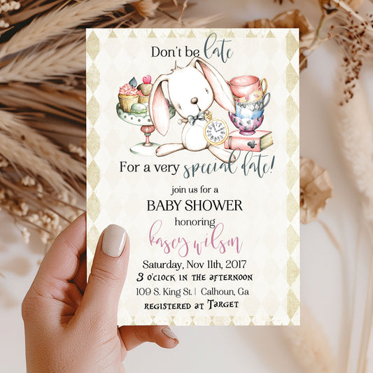 Alice in Wonderland Rabbit Tea Party Baby Shower Invitation
