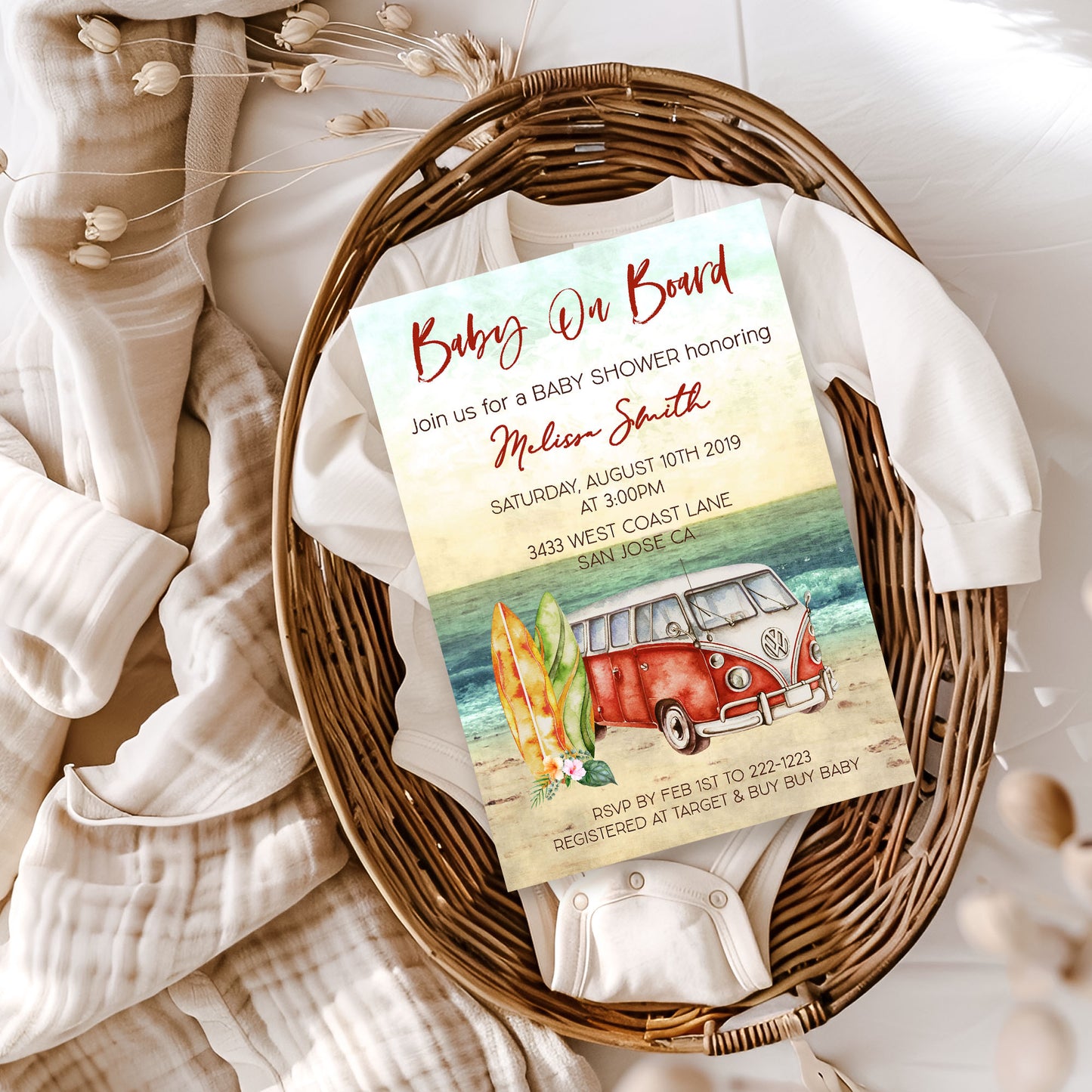 Baby on Board Red Surf Summer Baby Shower Invitation