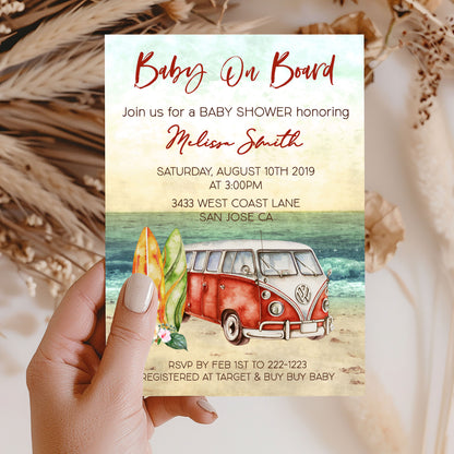 Baby on Board Red Surf Summer Baby Shower Invitation