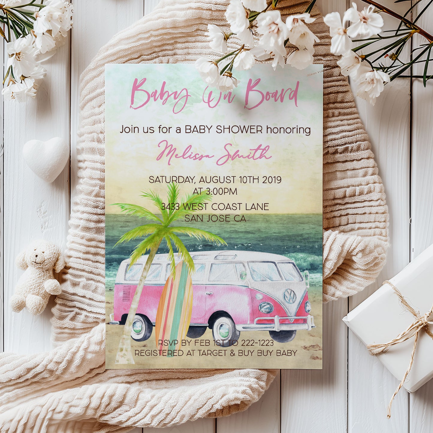 Baby on Board Surf Pink Summer Baby Shower Invitation