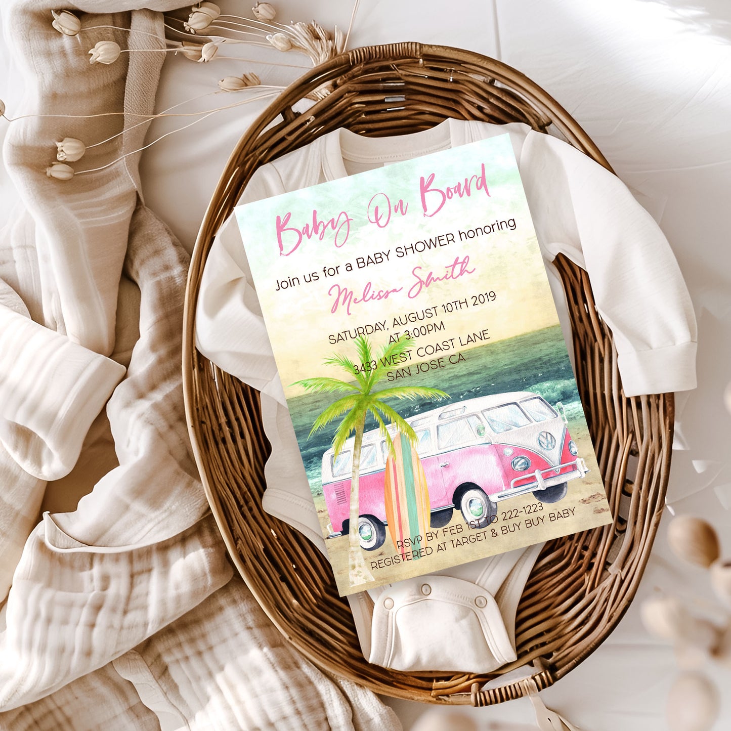 Baby on Board Surf Pink Summer Baby Shower Invitation