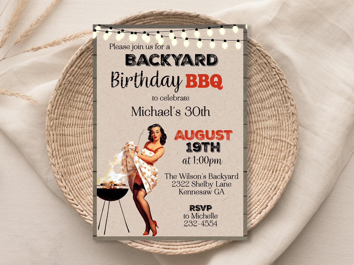 BBQ Backyard Retro Adult Sexy Pin Up Girl Birthday Invitation