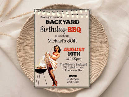BBQ Backyard Retro Adult Sexy Pin Up Girl Birthday Invitation