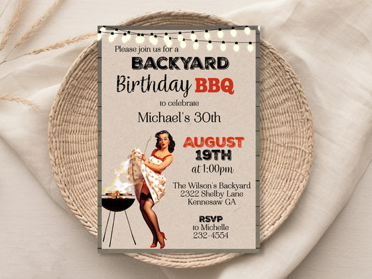BBQ Backyard Retro Adult Sexy Pin Up Girl Birthday Invitation