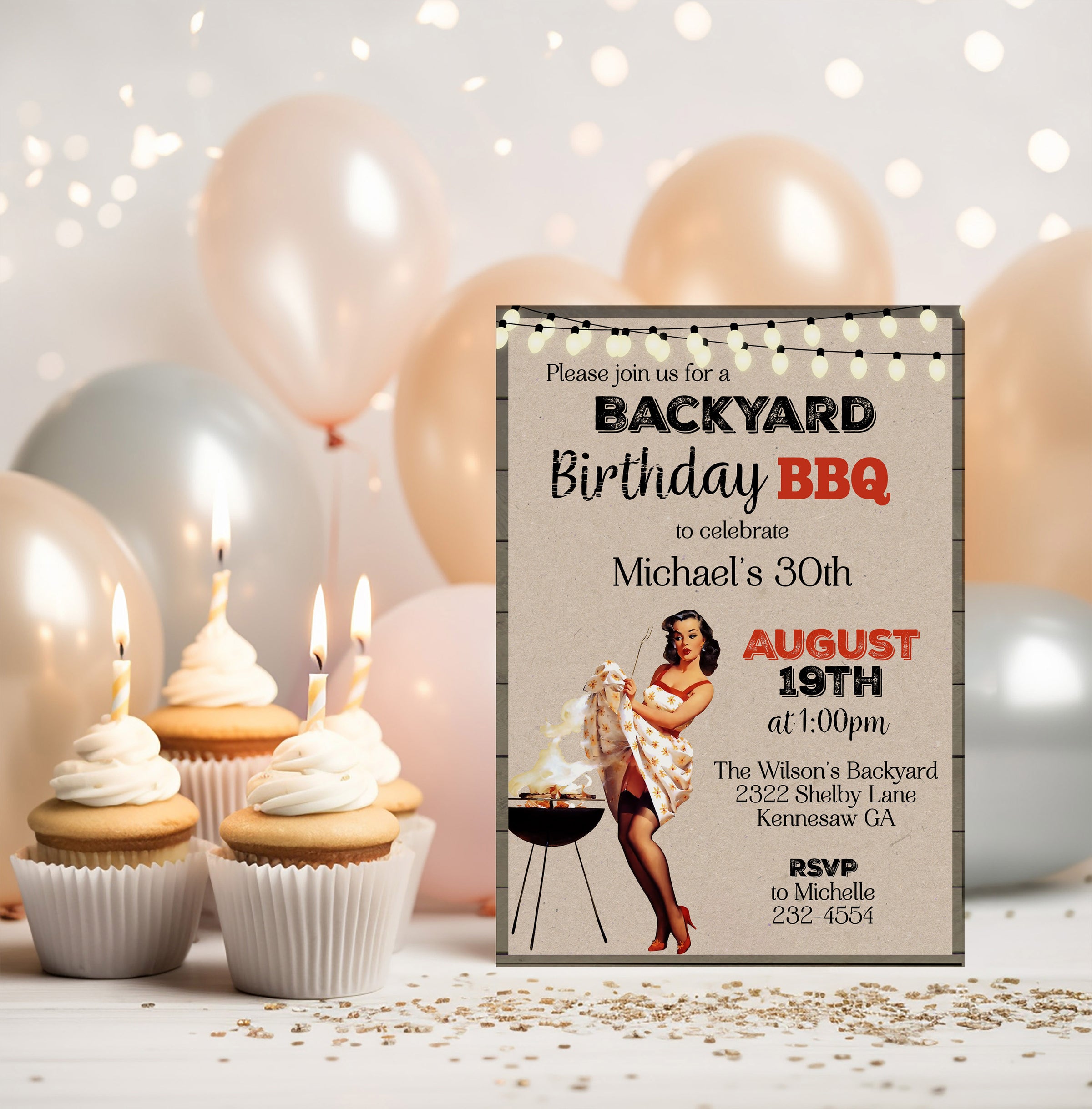 BBQ Backyard Retro Adult Sexy Pin Up Girl Birthday Invitation