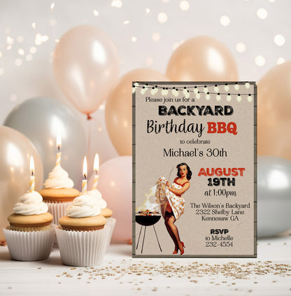 BBQ Backyard Retro Adult Sexy Pin Up Girl Birthday Invitation