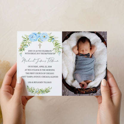 Baptism Boy Floral Photo Baby Shower Invitation