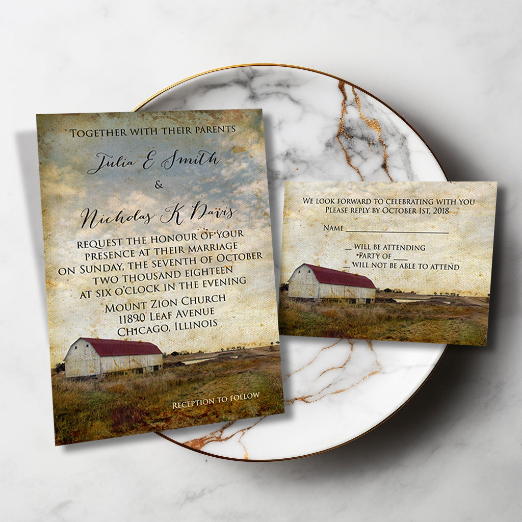 Vintage Barn with Red Roof Wedding Invitation