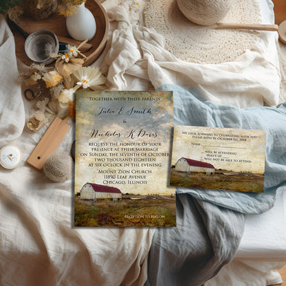Vintage Barn with Red Roof Wedding Invitation