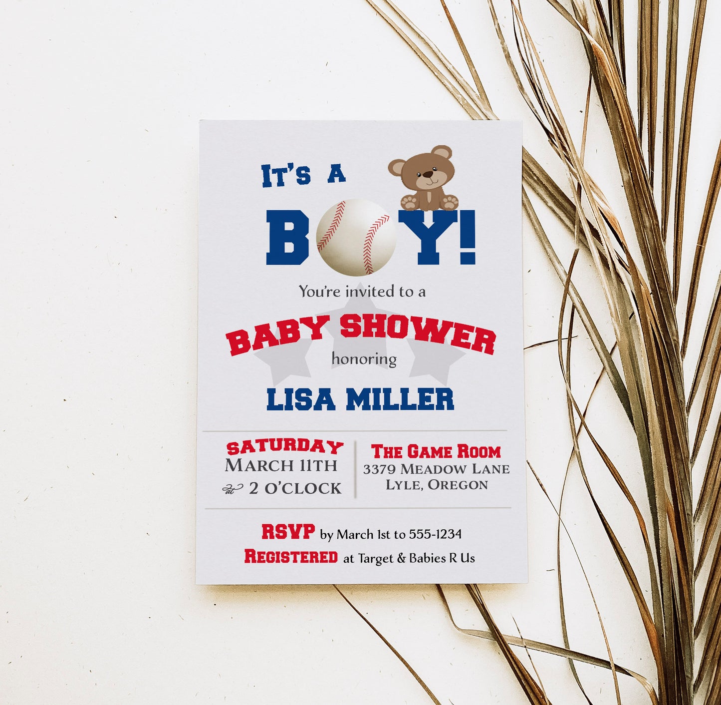Baseball Bear Cub Boy Baby Shower Invitation