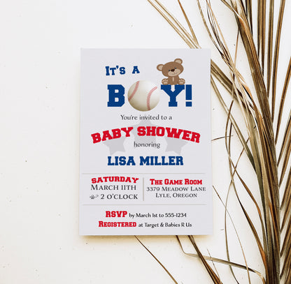 Baseball Bear Cub Boy Baby Shower Invitation