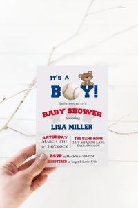 Baseball Bear Cub Boy Baby Shower Invitation