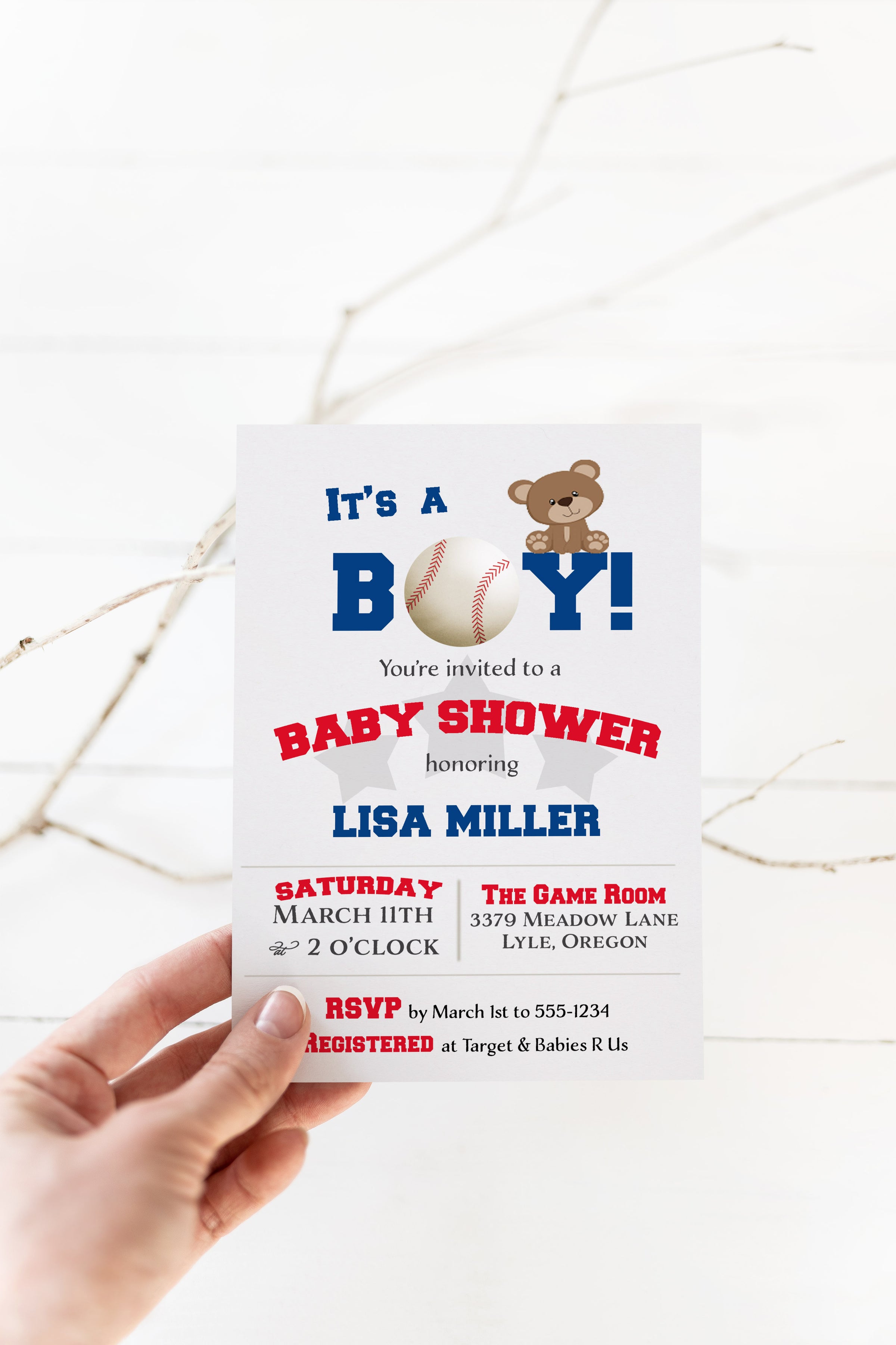 Baseball Bear Cub Boy Baby Shower Invitation