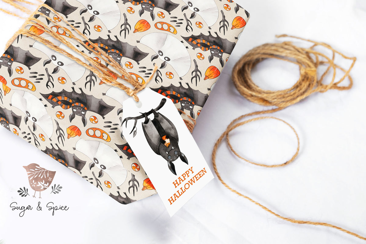 Bat and Ghost Halloween Orange Wrapping Paper