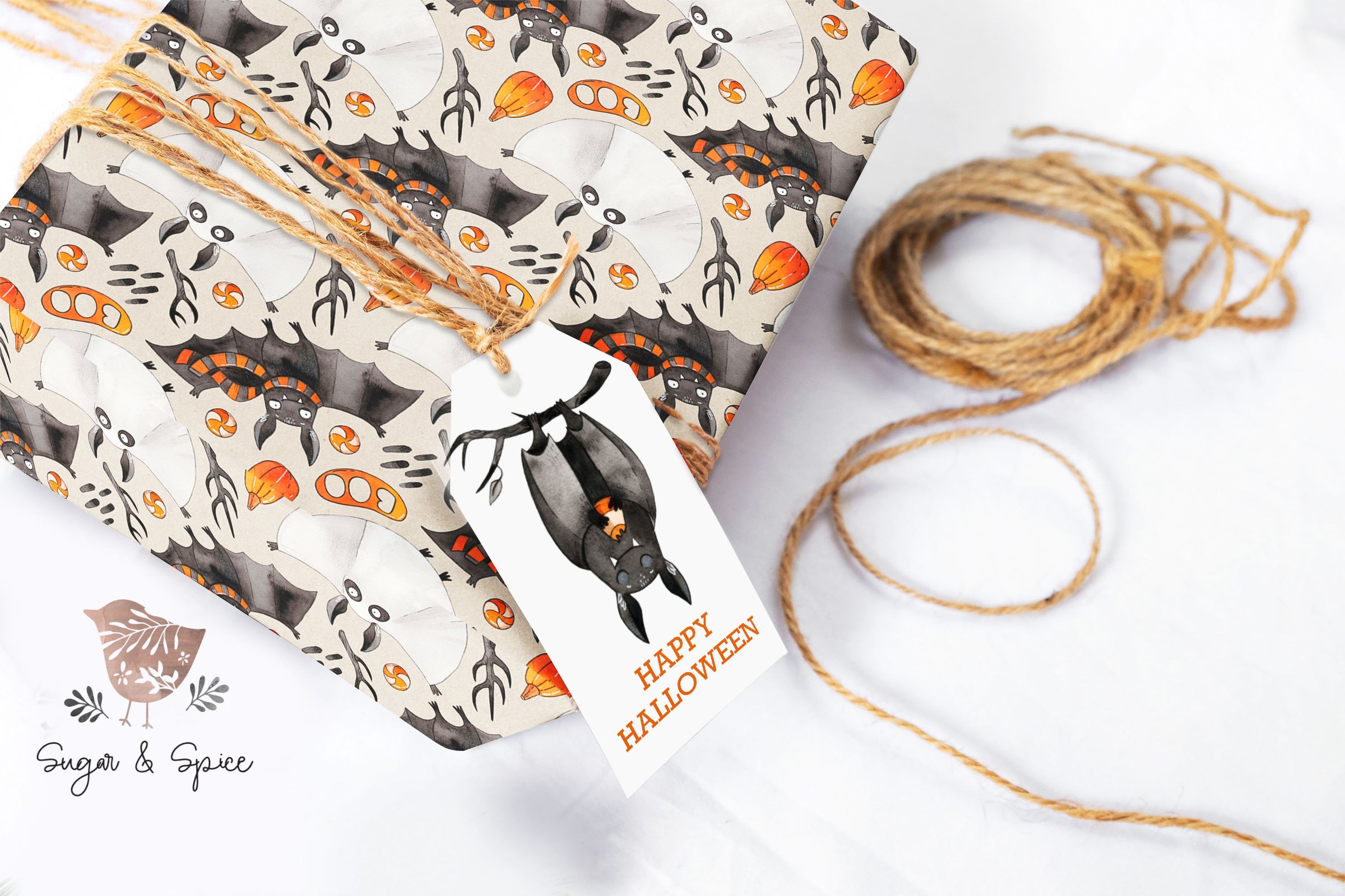 Bat and Ghost Halloween Orange Wrapping Paper